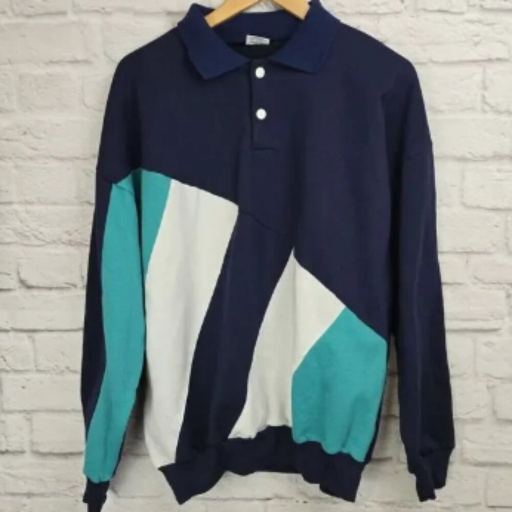 Vintage J.J. Macintyre Men's Large Polo Sweatshirt Colorblock Navy Teal USA Made